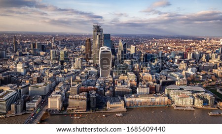London city area skyline, aerial photograph of the City including financial district with The Gherkin, Lloyds, Walky Talky, London Bridge, Fishmongers Hall