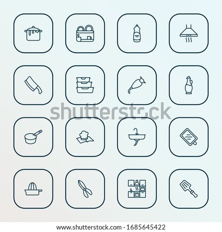 Cook icons line style set with recipe book, cutting board, kitchen scissors and other pot elements. Isolated vector illustration cook icons.