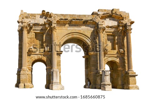 Trajan's Arch within the ruins of Timgad (Algeria) isolated on white background