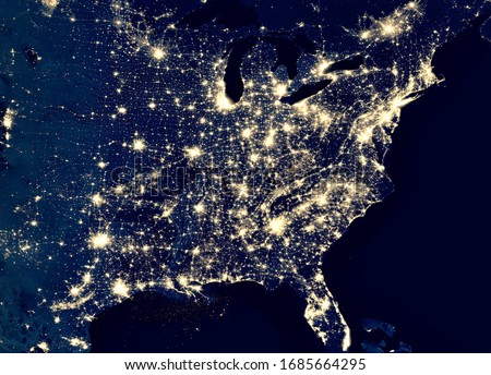 East Coast of United States in satellite picture at night, US map view from space. City lights of USA, Photo of terrain on dark planet. Earth and tech theme. Elements of this image furnished by NASA.