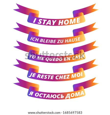Colorful stay home save lifes ribbon icons set in spanish, english, french, russian, german 