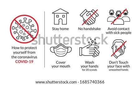 protect yourself tips from coronavirus COVID-19, Stay home, no handshake, sick people, Wash hands, don't Touch face, Cover your mouth mask, set of illustration in infographics, vector, icon, style. Royalty-Free Stock Photo #1685740366
