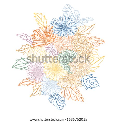 Decorative abstract aster flowers, design elements. Can be used for cards, invitations, banners, posters, print design. Floral background in line art style