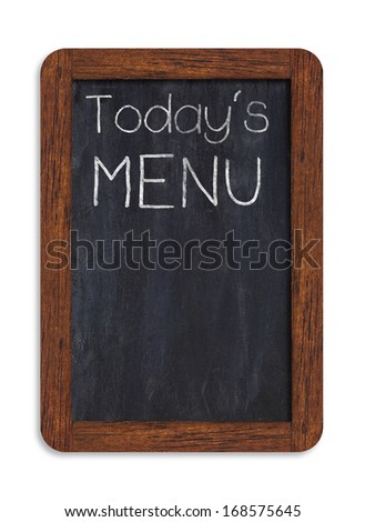 Black chalkboard with "today's menu" handwriting including clipping path