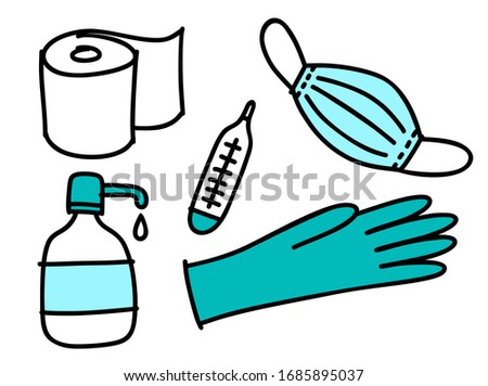 Medical Supply clipart set with face mask, toilet paper, rubber glove, sanitizer. Health Prevention Kit Vector clip art 