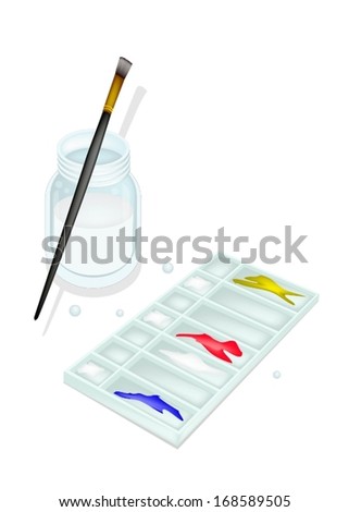 Red, Blue and Yellow Color Paint in Rectangle Plastic Art Palette With A Craft Paintbrushes or Artist Brushes and Glass Jar for Draw and Paint A Picture. 