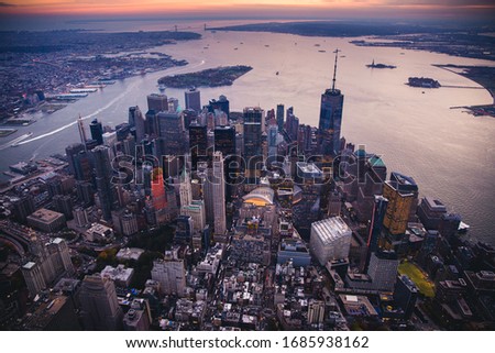 Aerial views of Downtown and Midtown Manhattan from a helicopter. 