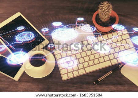 Double exposure of social network theme drawing over table with phone. Top view. People connecting concept.