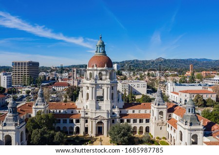 Aerial view of the  famous Pasadena City Hall at Los Angeles County, Calfornia Royalty-Free Stock Photo #1685987785