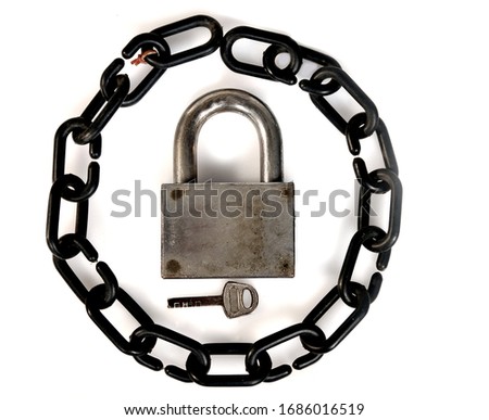 chain, padlock, and a key on a white background