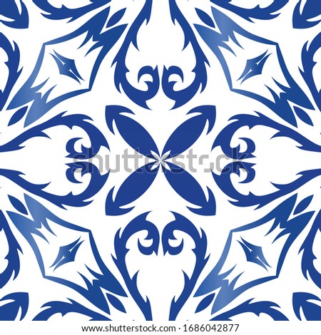 Ornamental azulejo portugal tiles decor. Colored design. Vector seamless pattern watercolor. Blue gorgeous flower folk print for linens, smartphone cases, scrapbooking, bags or T-shirts.