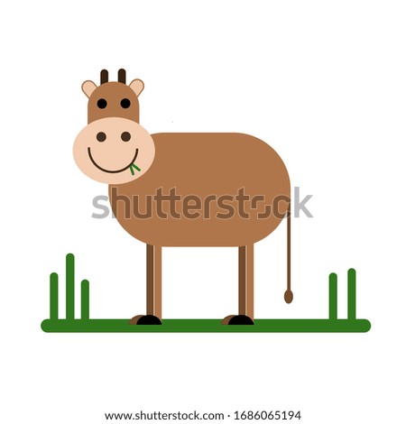 Cute cow brown cartoon standing on the green grass.