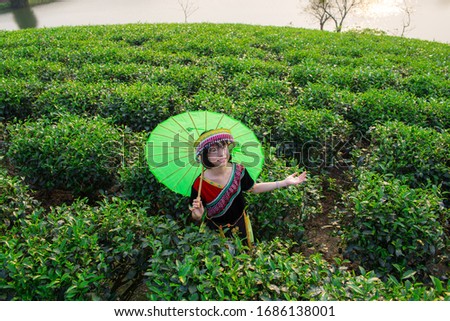 Vietnamese girl in traditional ethnic costumes holding umbrella on green tea hills