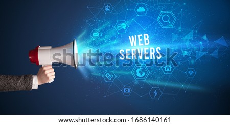 Young woman shouting in megaphone with WEB SERVERS inscription, Modern technology announcement concept