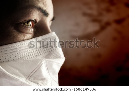 Women with safety mask from coronavirus. Covid 19 alpha, beta, gamma, delta, lambda, mu, omicron, deltacron, flurona, eris, eg 5 variants outbreak around the world Royalty-Free Stock Photo #1686149536