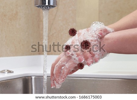 Washing hands with viruses around. woman rinsing soap with running water at sink, Coronavirus 2019-ncov prevention hand hygiene. Corona Virus covid-19 pandemic protection by cleaning hands frequently.