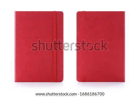 Lush lava red colour leather fabric hardcover notebook with elastic band. Front & back view with notebook closed. Isolated on white background. For mockup, branding & advertising. Royalty-Free Stock Photo #1686186700