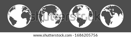 Vector Set of White Silhouette Globe Icons. 4 different Foreshortening of Earth Planet.