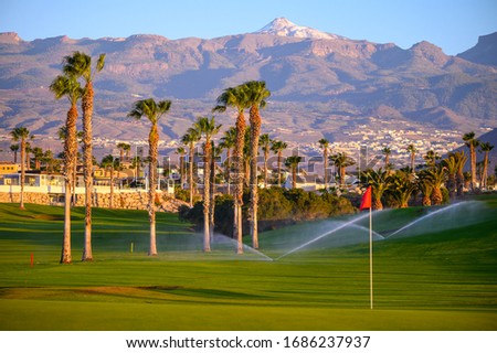 Watering of evergreen grass field on large golf course and view on Mount Teide, Tenerife island, Canary, Spain on sunrise