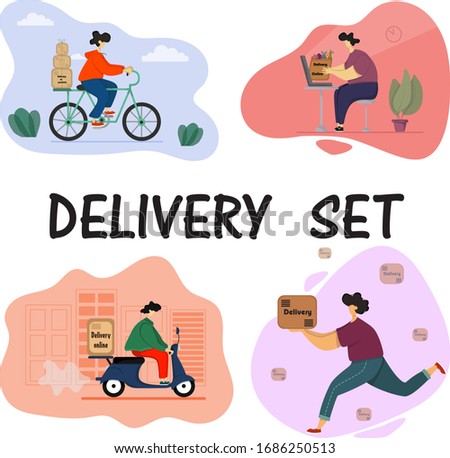 Young men delivering goods in boxes on a Bicycle, moped, on foot. Employees of the shipping service. Customers making purchases online. Set of illustrations.