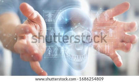 Man on blurred background using digital x-ray skull holographic scan projection 3D rendering