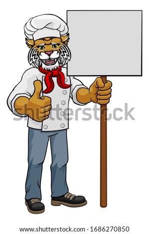 A wildcat chef mascot cartoon character holding a sign board