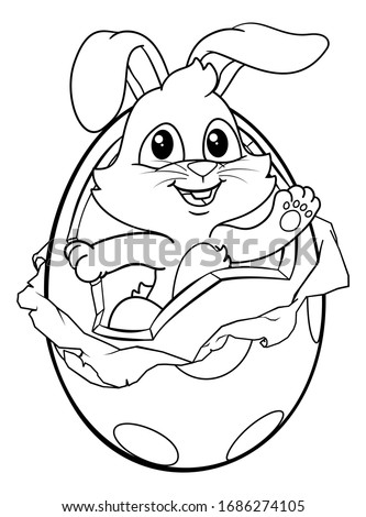 The Easter bunny rabbit breaking out of a chocolate egg in black and white. Could be used as a coloring book page.