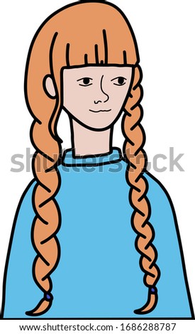 Red-haired girl with bangs and long braids. Girl in a blue sweater. Cartoon color vector illustration. Isolated on a white background.