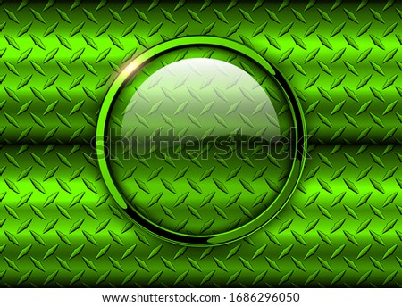 Glossy button over metallic green diamond plate metal texture, vector illustration.