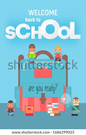 Welcome Back to School Poster Design with School Items and Cartoon Schoolchildren.  Illustration.