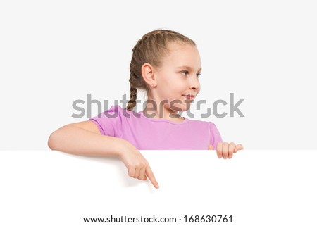 Girl holding white poster, space for text
