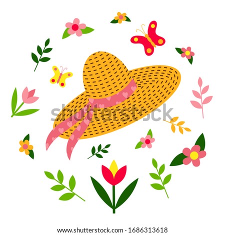 Straw hat with a ribbon. Spring set: butterflies, flowers, plants. Lettering Hello Spring. Flat design. Isolated elements on a white background. Vector illustration. Gardening.
