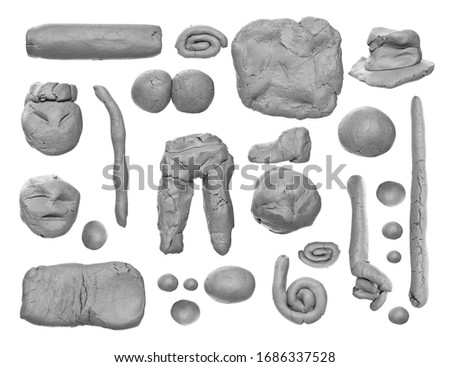 Set grey modelling clay shape isolated on white background, with clipping path, part 1.