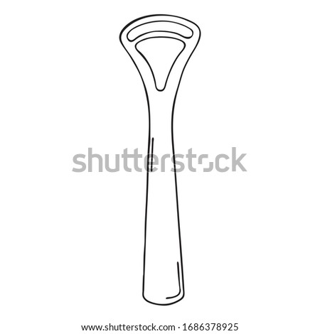 Scraper cleaning back of tongue with plastic handle. Dental product personal oral hygiene home bathroom. Vector isolated template flat doodle realistic drawing with black outline white background icon