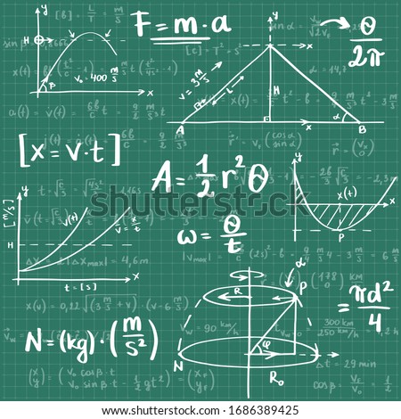 Vector drawing. Scientifical formulas on the green blackboard. Homework of a technical univercity student. Background with equations and problems. Mechanics graphs. Royalty-Free Stock Photo #1686389425