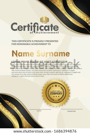 Vertical modern certificate template with gold and black flower line and halftone style effect on texture pattern background,