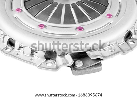 Car repair kit clutch manual gearbox isolated on a white background. Car and truck clutch disk. Composite clutch disc. Clutch repair kit. Car maintenance spare parts.