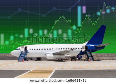 Investing in an airline. Airplane on background of green graphics. Waste cost airlines. Splash in stock prices. Concept - new investments have led to stock prices. Airplane as a symbol of air travel