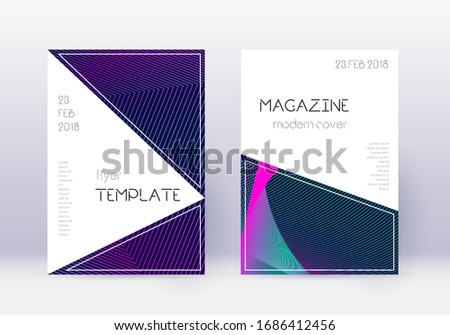 Triangle cover design template set. Neon abstract lines on dark blue background. Incredible cover design. Admirable catalog, poster, book template etc.
