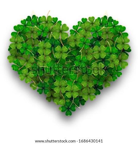 natural hearth shape four green good luck clover Shamrock leaf 
spring Saint St. Patrick on white background.