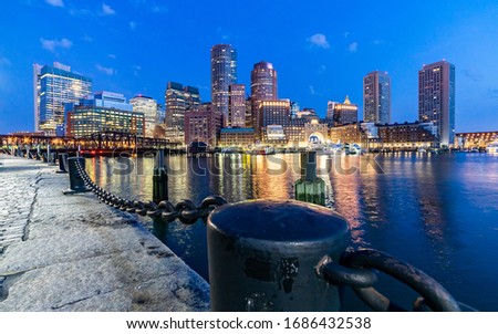 Night view of Boston skyline from Boston Harbor