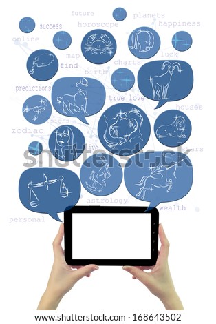 Online astrology site template on tablet with icons isolated
