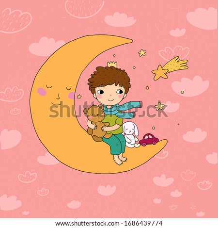 The little prince is sitting on the moon. Cute cartoon kid with toys. A boy with a teddy bear and a bunny. Time to sleep.