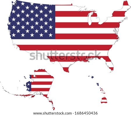 vector illustration of Map of USA with Alaska and Hawaii with national flag