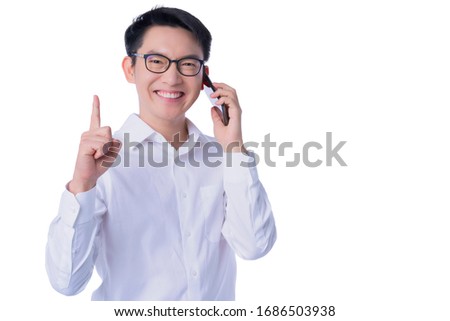 attractive asian male white shirt hand gesture point up to copy space hand use smartphone business  telecommunication ideas concept isolate background