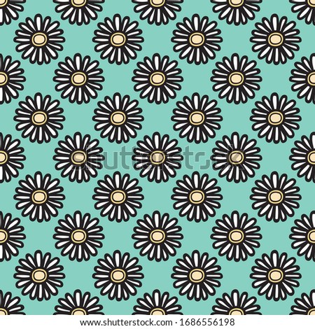 flower white color doodle line style seamless pattern green background. Vector illustration