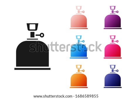 Black Camping gas stove icon isolated on white background. Portable gas burner. Hiking, camping equipment. Set icons colorful. Vector Illustration