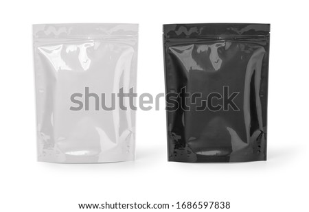 Mockup Stand Up Blank Bag black and white For Coffee, Candy, Nuts, Spices, Self-Seal Zip Lock Foil Or Paper Food Pouch Snack Sachet Resealable PackagingWith clipping path Royalty-Free Stock Photo #1686597838