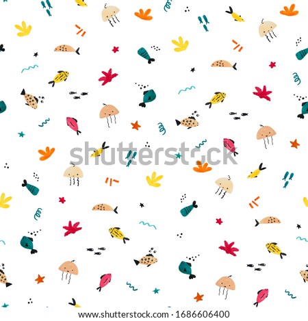 Hand Painting Abstract Watercolor Marine Concept Fishes Starfishes Jellyfishes Corals and Geometric Shapes Repeating Children Illustration Pattern Isolated Background