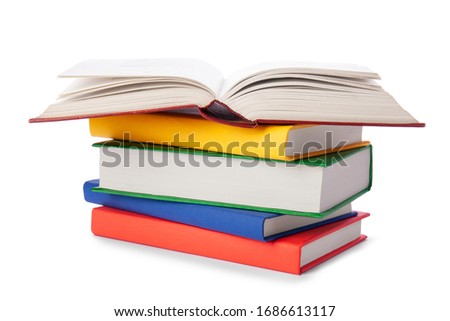 Stack of colorful books isolated on white background. Collection of different books. Hardback books for reading. Back to school and education learning concept Royalty-Free Stock Photo #1686613117